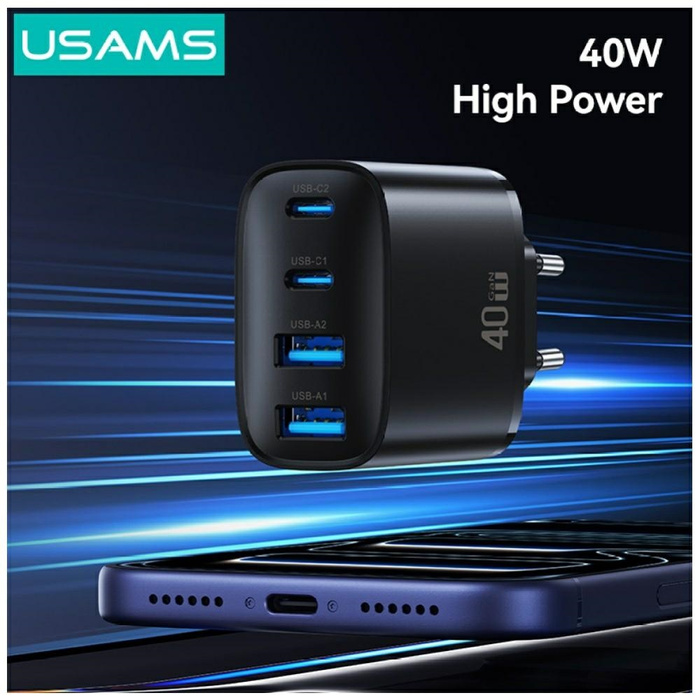 Ładowarka sieciowa USAMS T70 40W         2xUSB-A/2xUSB-C czarny