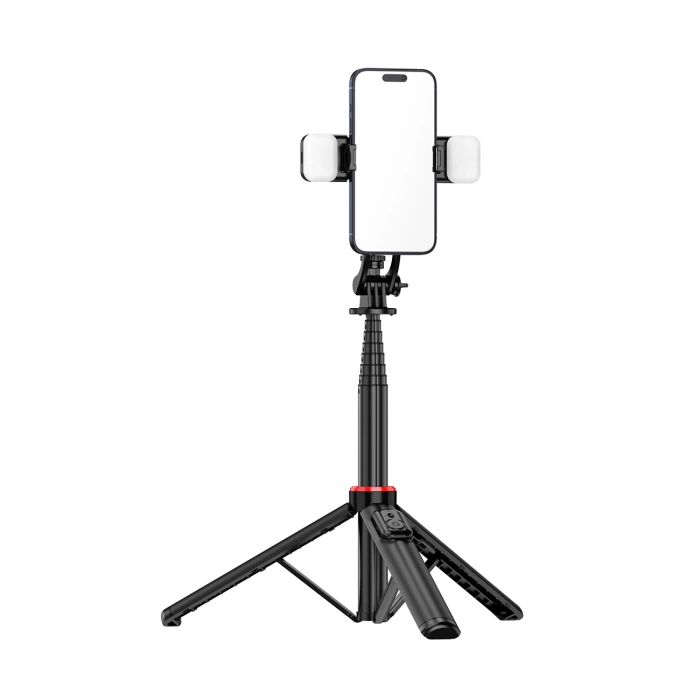 Selfie stick WC12YDS 1.3m aluminum alloy telescopic tripod with dual lamp and phone holder - black