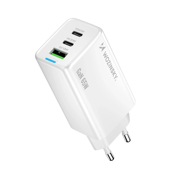 Wozinsky GaN 65W Ladegerät mit 2xUSB-C USB-Anschlüssen mit 65W CC-Kabel - Weiß