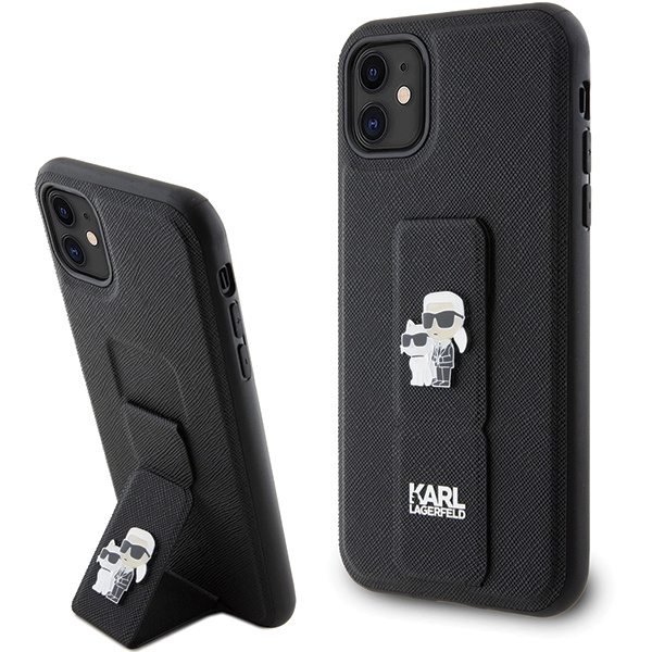 Etui Karl Lagerfeld KLHCN61GSAKCPK iPhone 11 / Xr 6.1" czarny/black hardcase Gripstand Saffiano Karl&Choupette Pins Case