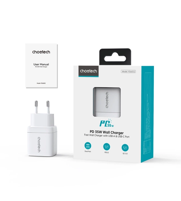 Choetech PD6052 USB-C USB-A PD 35W GaN nástěnná nabíječka s displejem - bílá