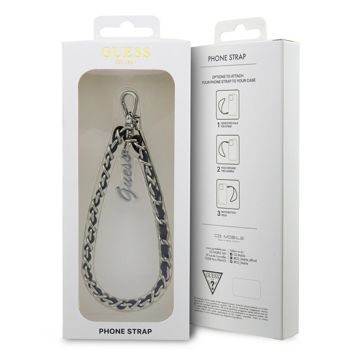 GUESS Phone Strap Chain Metal Logo Charm Pendant Black
