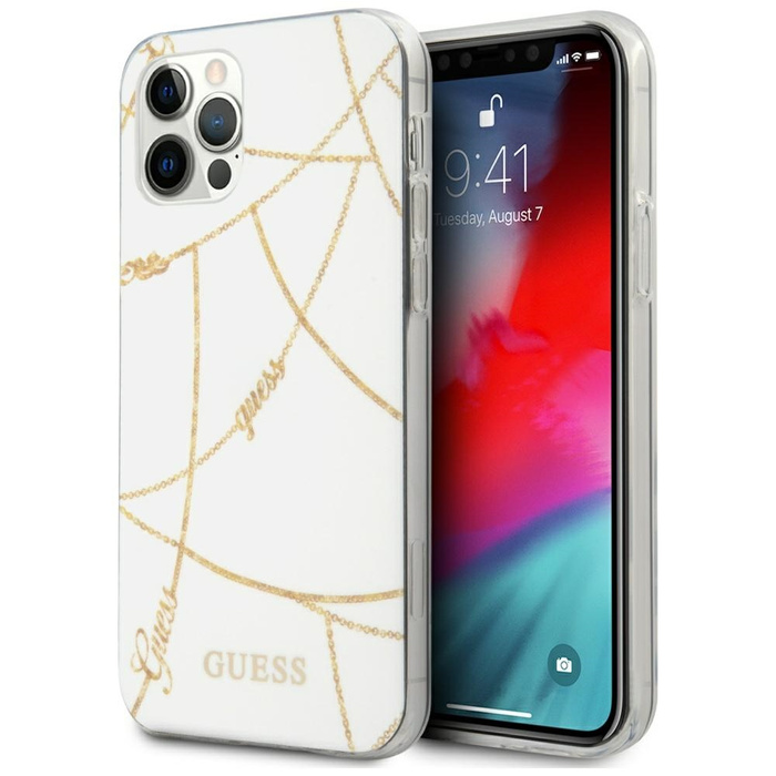  GUESS   12 Pro Max 6.7 Cadena de Oro Colección GUHCP12LPCUCHWH Blanco Estuche rígido