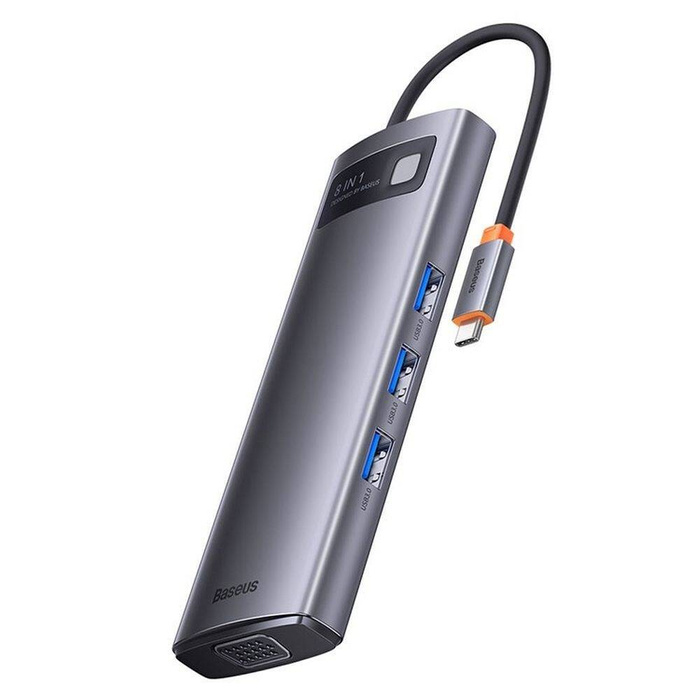 Baseus Metal Gleam Series 8 in 1 HUB Dockingstation USB Typ C - 1 x HDMI / 3 x USB 3.2 Gen.1 / 1 x Power Delivery / 1 x SD-Kartenleser / 1 x TF-Kartenleser / 1 x VGA grau (WKWG050013)