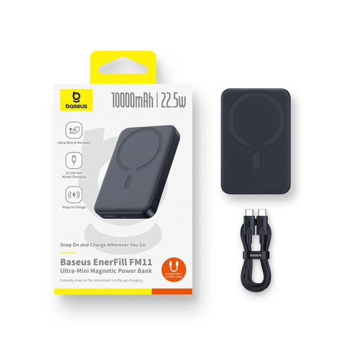 Powerbank Baseus EnerFill FM11 Ultra-Mini 10000mAh 22,5W kompatybilny z MagSafe z kablem Baseus Simple USB-C 20V/3A 30cm - czarny