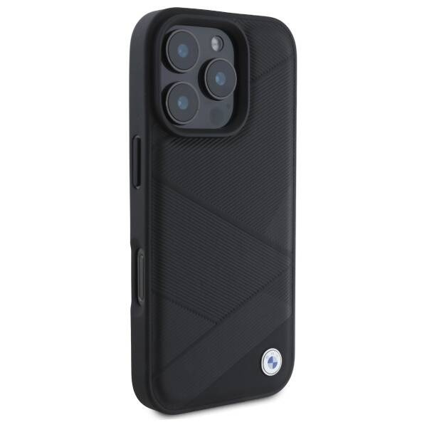 Hülle BMW iPhone 16 Pro Max 6.9" schwarz/schwarz hartcase Schild Leder Kreuzungslinien Muster