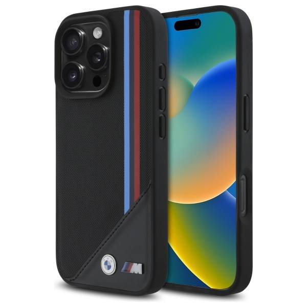 Hülle BMW iPhone 16 Pro 6.3" schwarz/schwarz hartcase M Meshed Tricolor Stripes MagSafe