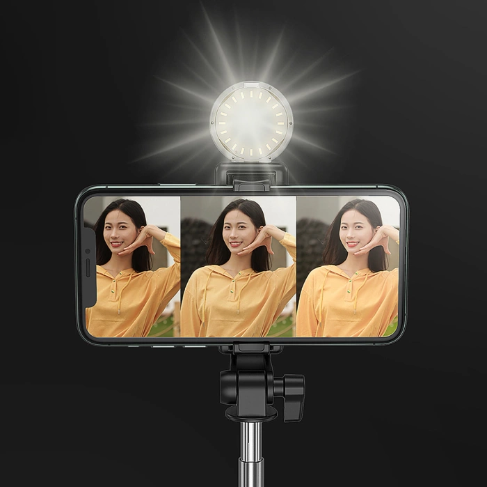 Selfie-Stick WH1YXS Teleskopstativ 1 m mit runder Lampe und Telefonhalter – Schwarz