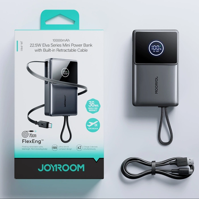 Powerbank Joyroom JR-PR1 10000mAh 22,5W z wbudowanym zwijanym kablem USB-C - czarny