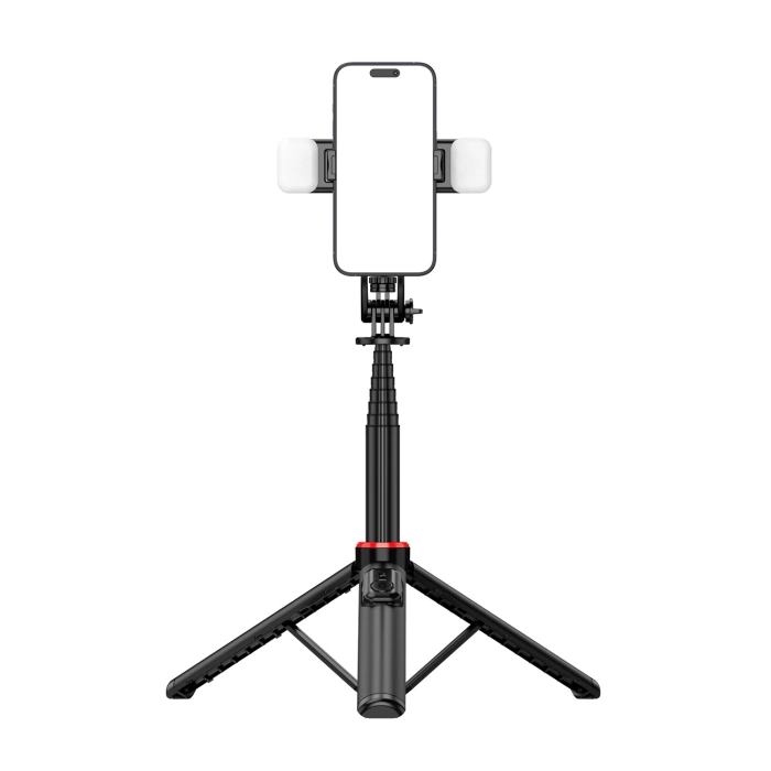 Selfie stick WC12YDS 1.3m aluminum alloy telescopic tripod with dual lamp and phone holder - black