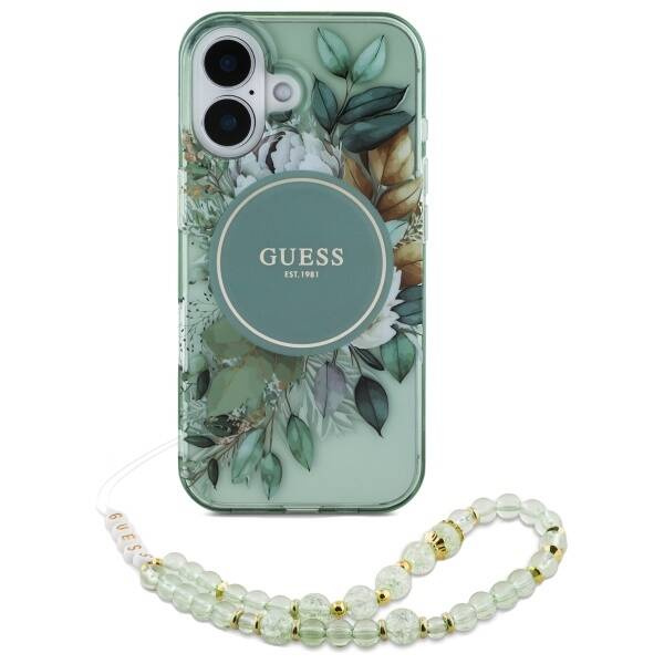 Etui Guess iPhone 16 Plus 6.7" zielony/green hardcase IML Flowers With Pearl Strap MagSafe