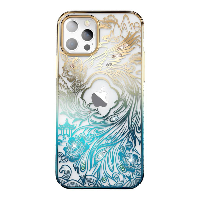 Coque de luxe pour iPhone 14 Plus avec cristaux Kingxbar Phoenix - Or et bleu