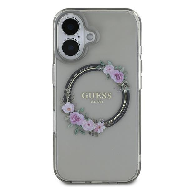 Etui Guess iPhone 16 6.1" czarny/black hardcase IML Flowers Wreath MagSafe