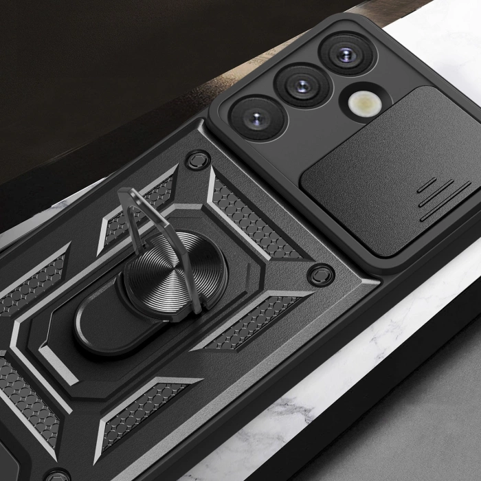 Hybrid Armor Camshield-Hülle mit Kameraabdeckung und Metallring für Samsung Galaxy S25 – Schwarz