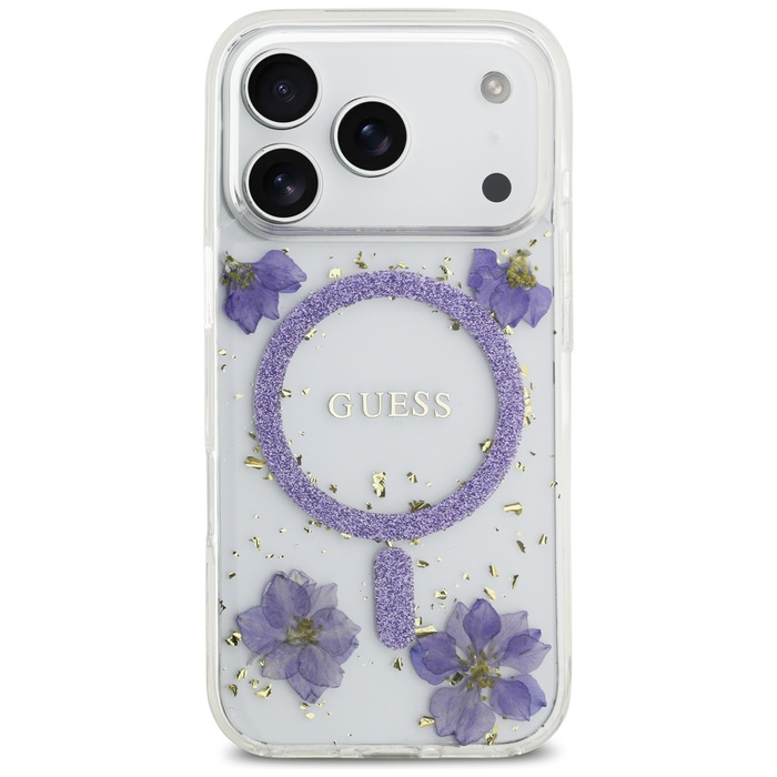 Etui Guess Resin Flowers Glitter MagSafe do iPhone 17 Pro fioletowy