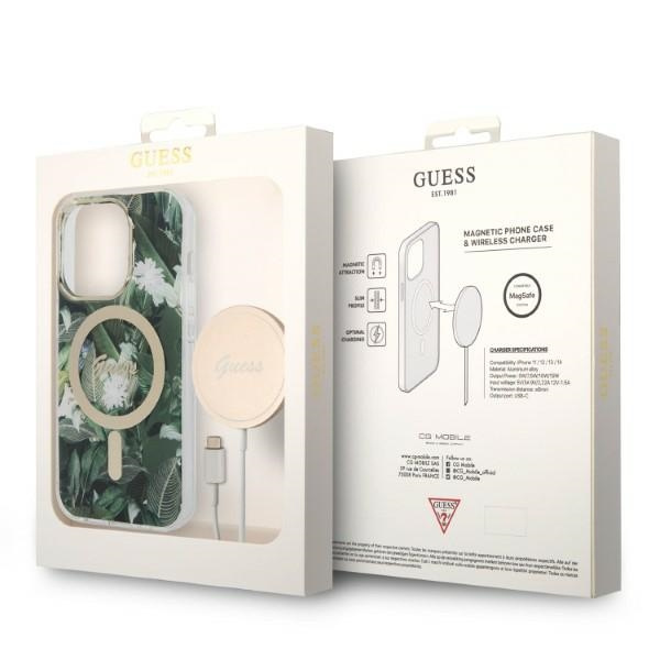 Készlet Telefontok Guess Case+ töltő iPhone 14 Pro 6.1" zöld/zöld kemény case Jungle MagSafe