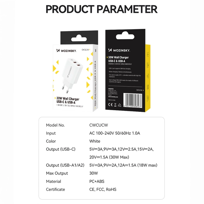 Caricatore da muro Wozinsky CWCUCW 30 W USB-C / 2 x USB-A - bianco
