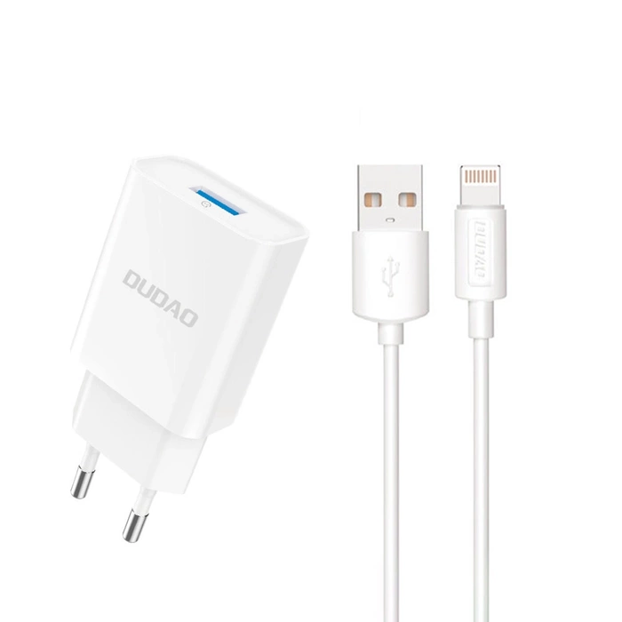 Caricatore da muro Dudao A4EU USB-A 2.1A - bianco + cavo USB-A - Lightning