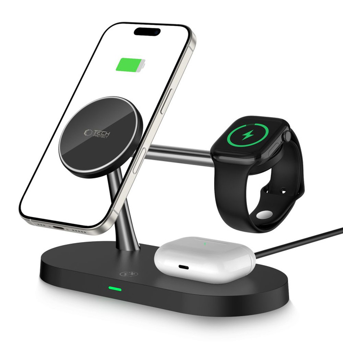 Charger Inductive Tech-Protect A12 3 In1 Magnetic Magsafe Wireless Charger Black