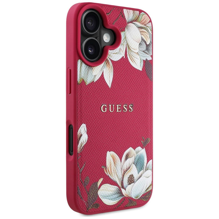 Etui Guess Grained Printed Flower         Pattern MagSafe do iPhone 16 fuksja