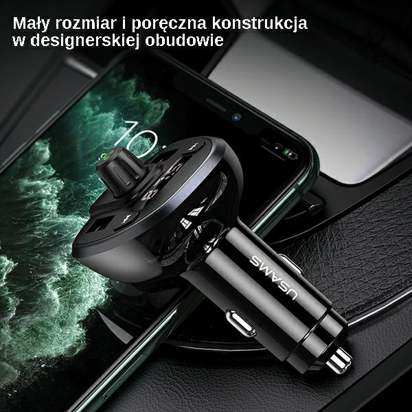 USAMS Handsfree With FM Transmitter Bluetooth 5.0 MP3 Player Charger 2xUSB 3.4A C21 CC115GC01 US-CC115 Black
