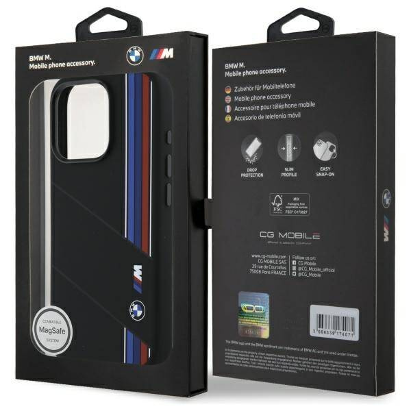 Cover BMW iPhone 16 Pro nero/nero durocase Silicone Cut Tricolor Lines MagSafe