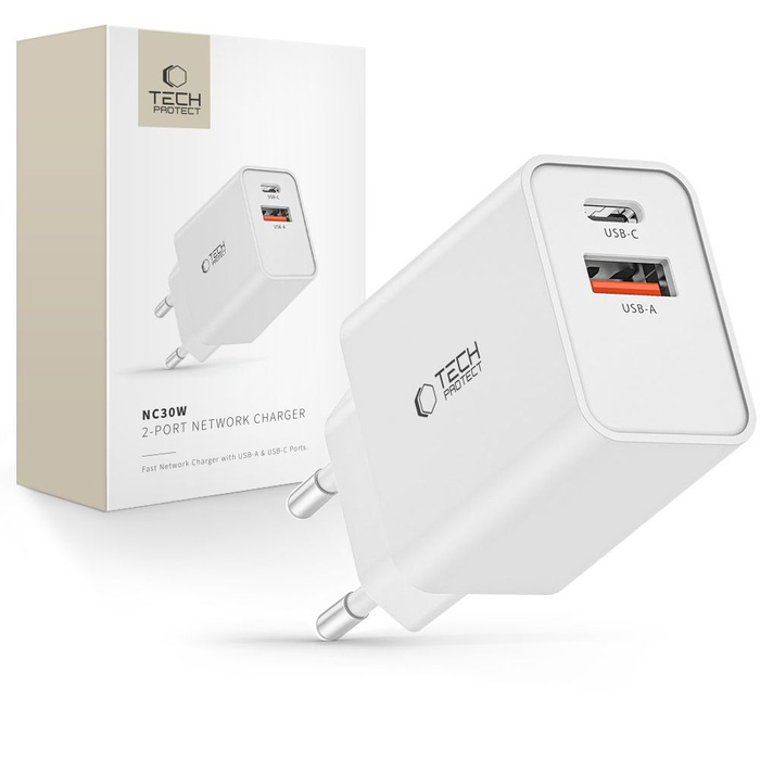 TECH-PROTECT NC30W CARGADOR DE RED DE 2 PUERTOS PD30W/QC3.0 BLANCO