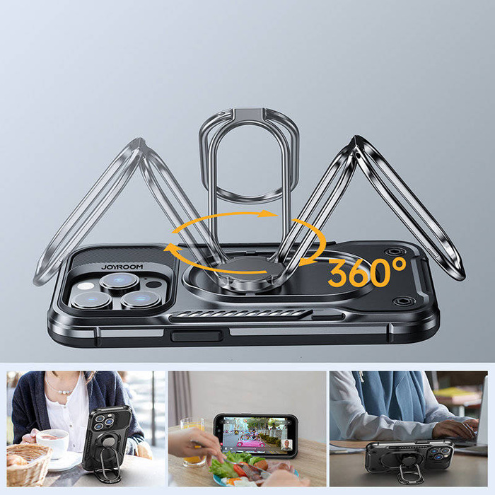 Joyroom Dual Hinge pour iPhone 14 Pro coque blindée avec un support et un porte-anneau noir