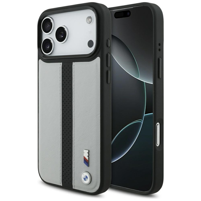 Etui BMW M Perforated Stripe Logo        MagSafe do iPhone 17 Pro Max szary