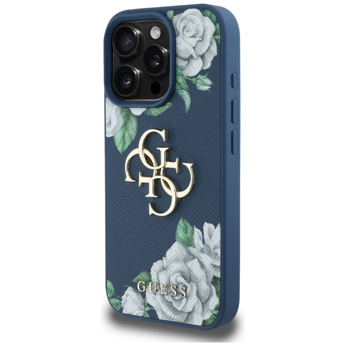 Etui Guess Grained Roses Big 4G logo do  iPhone 16 Pro niebieski