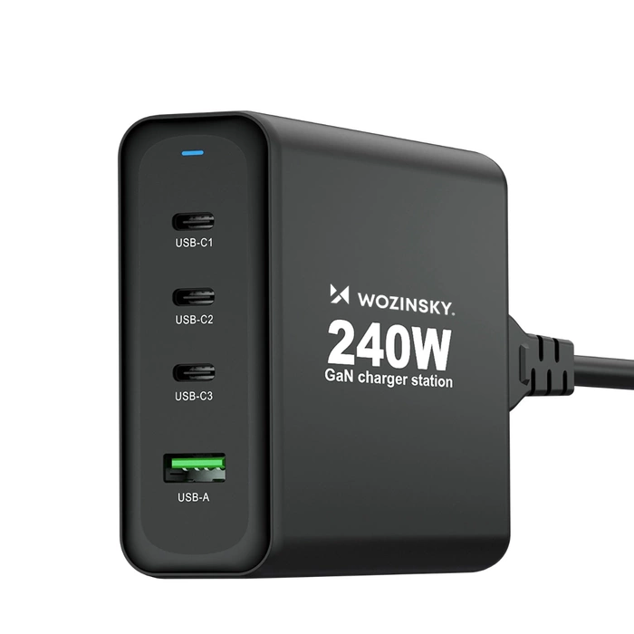 Wozinsky WGCSB 240W GaN-Wandladegerät USB-A / 3 x USB-C - Schwarz