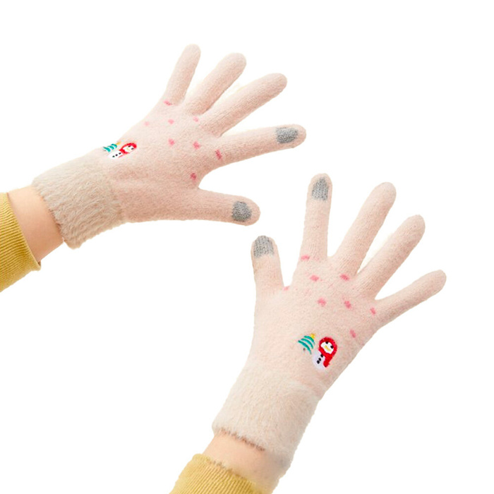 Gants de téléphone d'hiver femme avec un bonhomme de neige et un sapin de Noël - beige