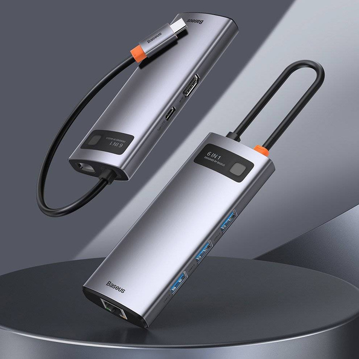 Baseus Metal Gleam 6in1 multifunctional HUB USB Type C - USB Type C Power Delivery 100 W / HDMI 4K 30 Hz / 3x USB 3.2 Gen 1 / RJ45 1 Gbps (CAHUB-CW0G)