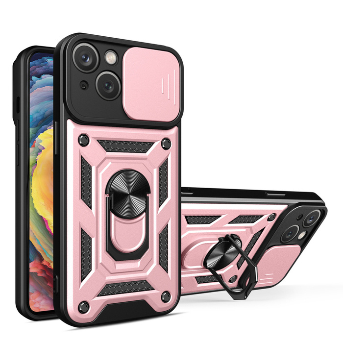 Coque Hybrid Armor Camshield avec support et cache caméra pour iPhone 15 - rose