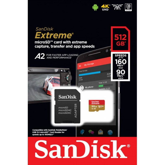 SanDisk 512GB microSDXC Extreme Mobile A2 C10 V30 UHS-I U3 carte mémoire 160 / 90 MB/s