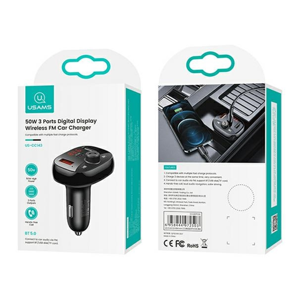 USAMS Hands-free Car Kit C25 50W con trasmettitore FM, Bluetooth, MP3, 2xUSB / USB-C nero/nero CC143TC01 (US-CC143)