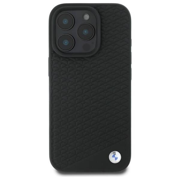 Coque BMW iPhone 16 Pro noir/noircase Enseigne Cuir Diamant Métal Logo MagSafe
