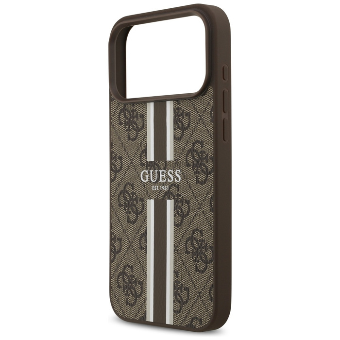 Etui Guess 4G Printed Stripes MagSafe do iPhone 17 Pro Max brązowy