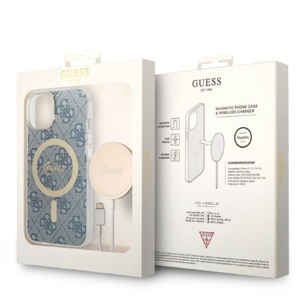 Kit Coque Guess Case+ Chargeur iPhone 14 6,1" bleu/bleu dur case 4G Print MagSafe