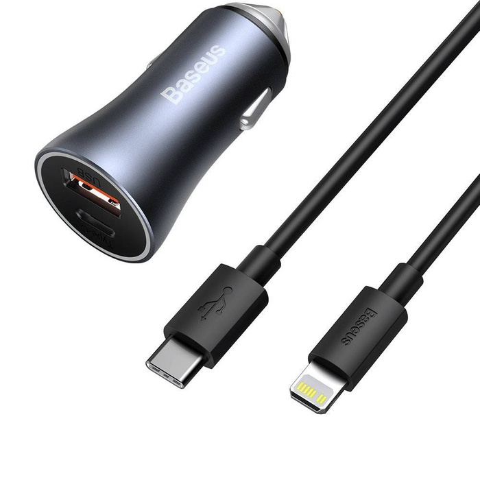 Chargeur de voiture rapide Baseus Golden Contactor Pro USB Type C / USB 40 W Power Delivery 3.0 Charge rapide 4+ SCP FCP AFC + USB Typ C - Câble Lightning gris (TZCCJD-B0G)