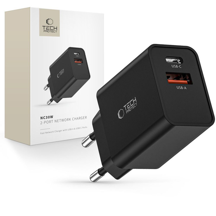 TECH-PROTECT NC30W 2-PORTOVÁ SÍŤOVÁ NABÍJEČKA PD30W/QC3.0 ČERNÁ