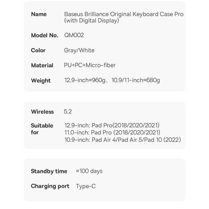 Baseus Brilliance magnetic case wireless keyboard with display iPad Pro 11'' (2018/2020/2021) / iPad Air 4 10.9'' / iPad Air 5 10.9'' / iPad 10 10.9'' (2022) gray