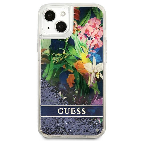 Hülle GUESS Apple iPhone 13 Mini Flower Liquid Glitter Blau Hardcase