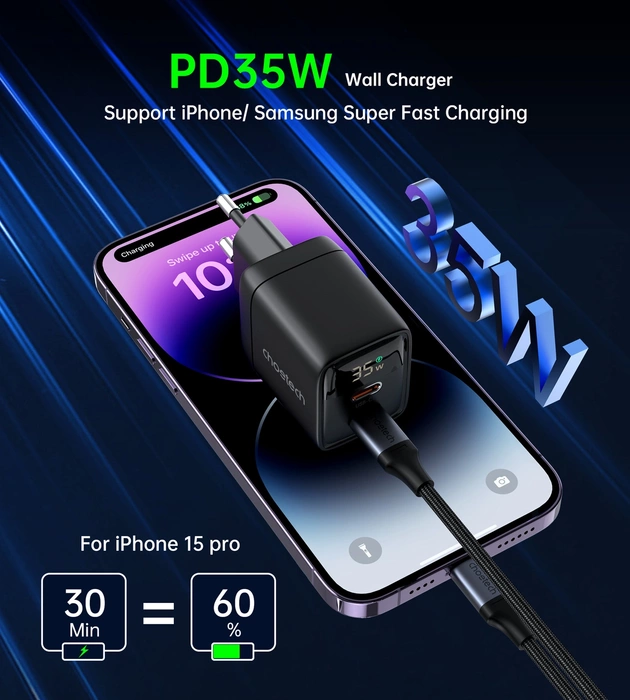 Choetech PD6051 USB-C USB-C PD 35W GaN chargeur mural avec écran - noir