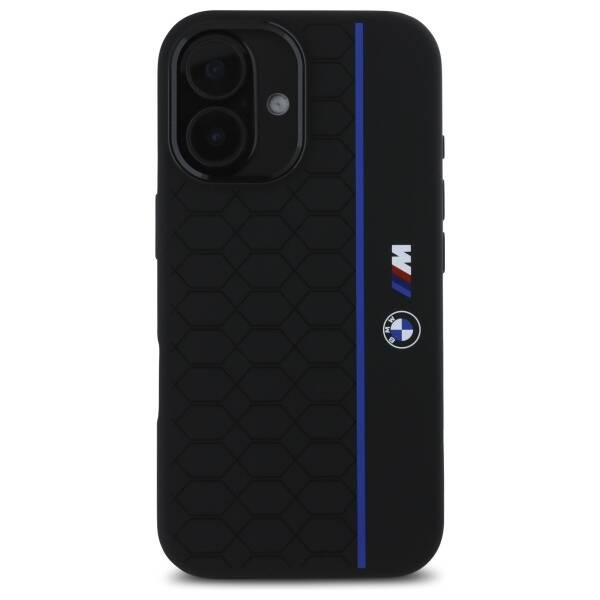 Hülle BMW iPhone 16 schwarz/schwarz hartcase Silicone Hexagon Blue Line MagSafe