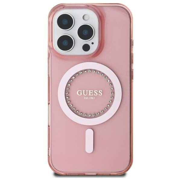Etui Guess iPhone 16 Pro 6.3" różowy/pink hardcase IML Rhinestones MagSafe