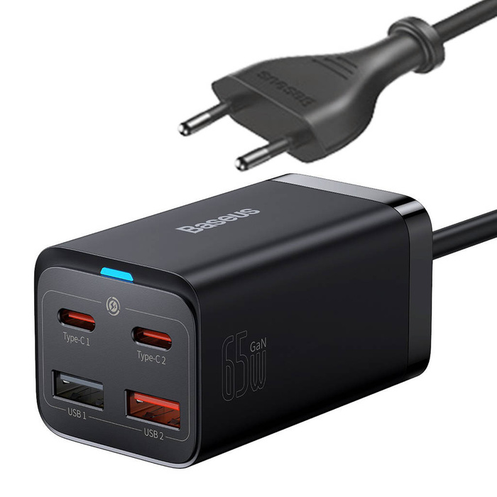 Baseus GaN3 Pro schnelles GaN-Ladegerät 2 x USB Typ C / 2 x USB 65W PD, QC4.0+, AFC+ USB Typ C - USB Typ C Kabel 1m schwarz (CCGP040101)