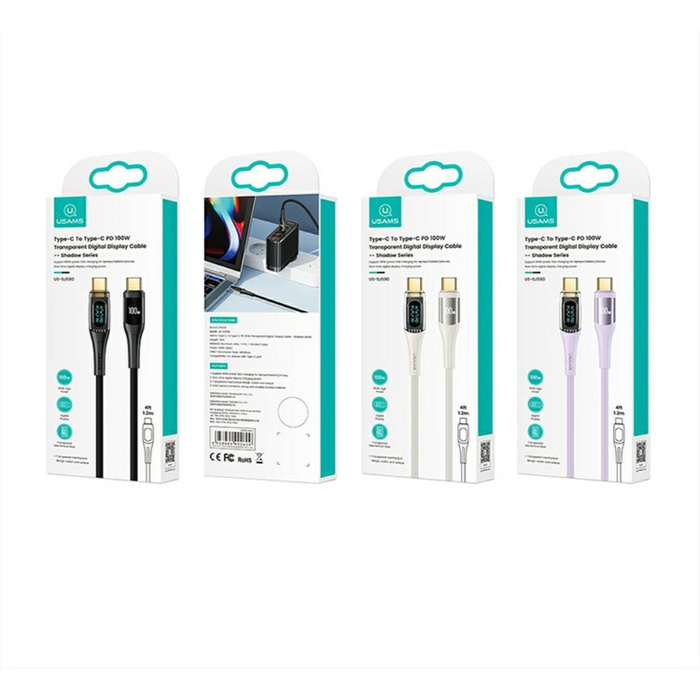 Kabel USAMS Shadow Series US-SJ591 PD    100W z wyświetlaczem USB-C do USB-C 2m czarny