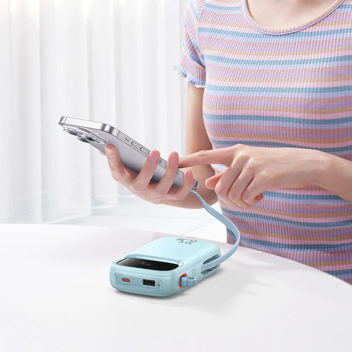 Powerbank Baseus Qpow2 20000mAh 22,5W z podwójnym kablem z wyświetlaczem cyfrowym + kabel Baseus Simple USB-C 3A 0,3m (biały) - niebieski