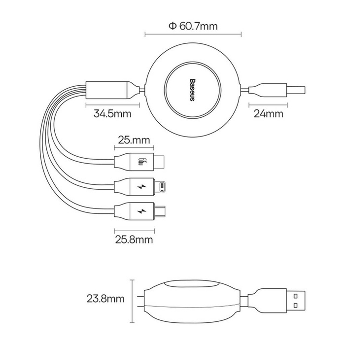 Baseus Bright Mirror 2 zatahovací kabel 3v1 USB typ A - micro USB + Lightning + USB typ C 66W 1,1 m černý (CAMJ010101)